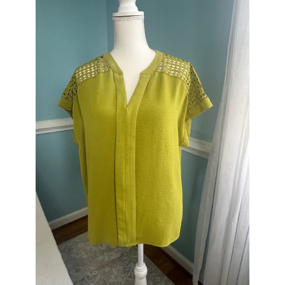 Emily Daniels Olive Green Crochet Yoke V-Neck Blouse Top Large